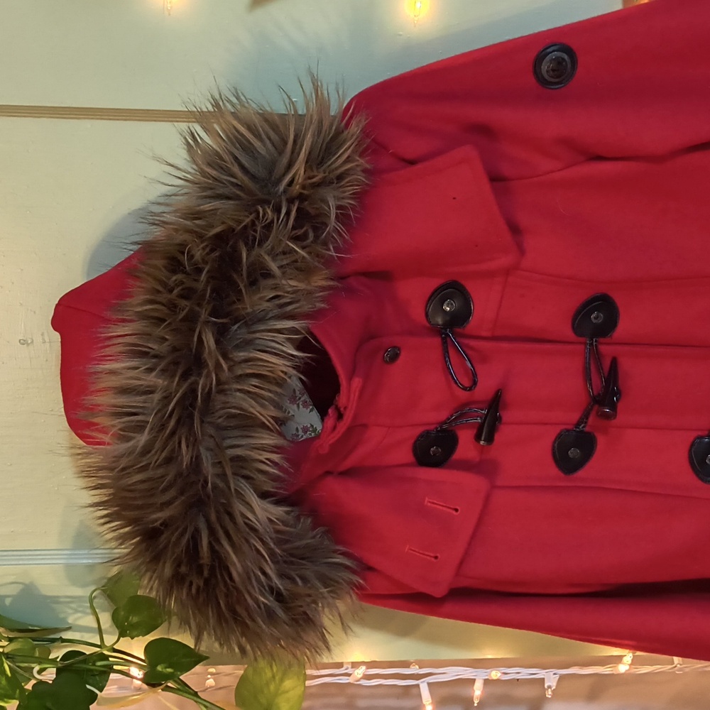 Women's Calvin Klein size 4 red toggle zip wool removable hood Winter coat S - Picture 8 of 17
